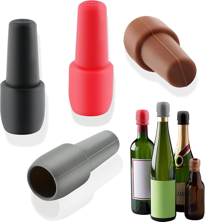 4pcs Wine Stoppers, Air Tight Flexible Beer Bottle Stopper Reusable Silicone Wine Sealer for Wine bottles Beverage Bottle Stoppers(red+black+grey+coffee)