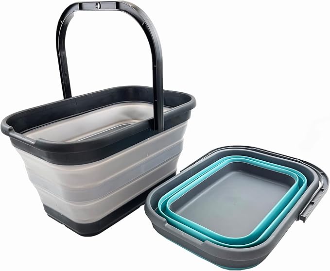 SAMMART 12L (3.1 gallon) Collapsible Rectangular Handy Bucket/Multiuse Foldable Water Pail for Camping, Fishing (Alloy Grey + Crystal Blue (Set of 2))