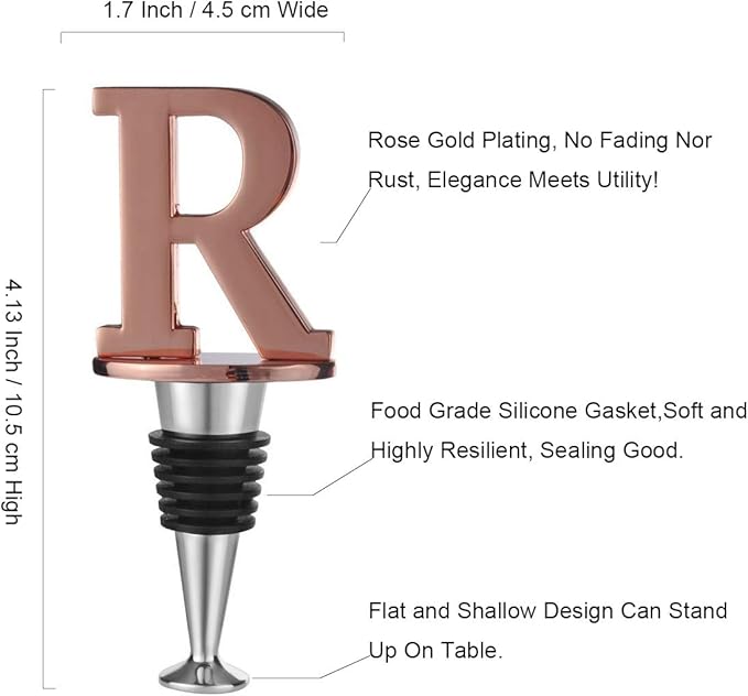 Wine and Beverage Bottle Stopper With Rose Gold Finish-Perfect Presents/Gift Idea for Valentines Day, Mothers Day, Fathers Day, Thanksgiving Day,R-Initial (Letter R)