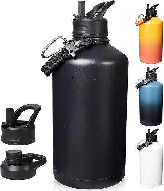 Gallon Water Bottle with Straw&Spout Lid, 128oz Stainless Steel Water Jug with Handle and Wide Mouth, One Gallon Vacuum Double Walled Jug for Sports, Outdoors, Leak-Proof. Black 128oz