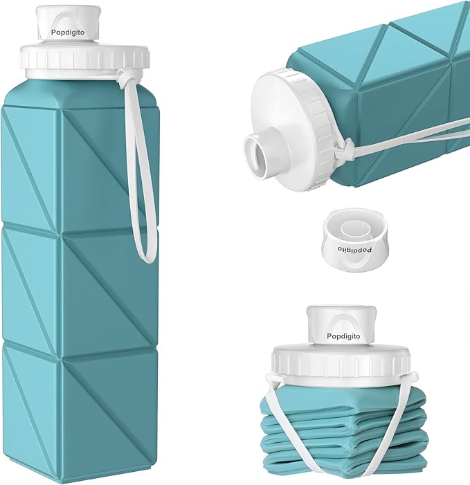 Collapsible Water Bottles,BPA-Free Leak-Proof Silicone Foldable Water Bottle Cup 20.6oz,Durable Lightweight Bottle for Gym Travel Camping Hiking Running (Navy Blue+Green)