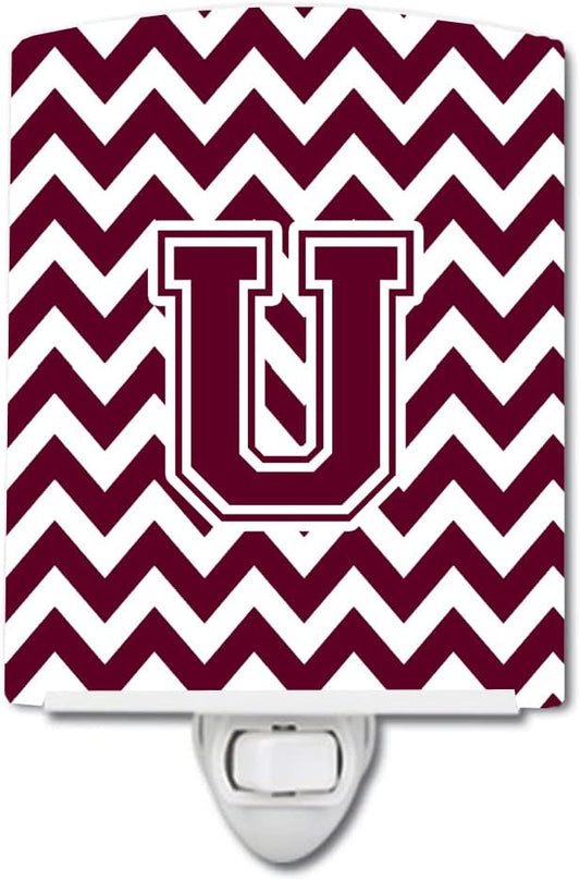 Caroline's Treasures CJ1051-UCNL Letter U Chevron Maroon and White Ceramic Night Light Compact, UL-Certified, Ideal for Bedroom, Bathroom, Nursery, Hallway, Kitchen, 6x4x3, Multicolor