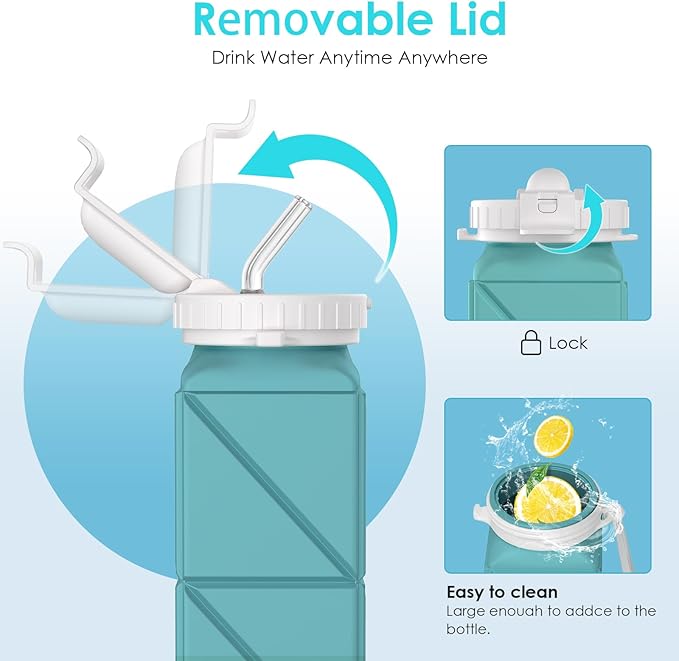 Collapsible Water Bottles 20.7oz Leakproof with Straw Lid Food-Grade BPA-Free Silicone Travel Foldable Water Bottles for Sports Office Gym Hiking Driving 610ML (Type2 Green)