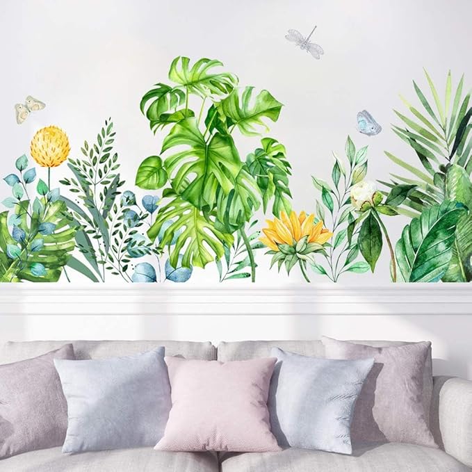 Boho Tropical Plants Wall Decals Peel and Stick Removable Art Wall Murals Natural Jungle Palm Leaf Green Wall Stickers Posters for Bedroom Bathroom Living Room TV Kitchen