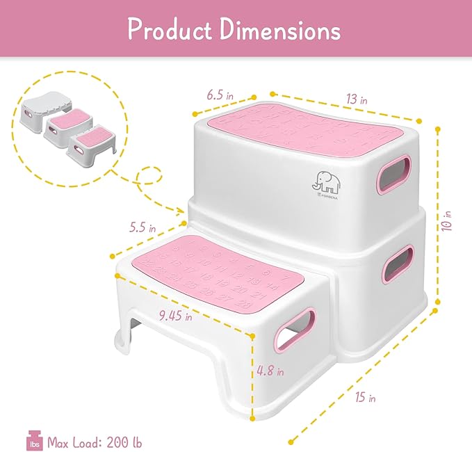 Pink Toddler Step Stool for Toilet, Two Step Stool for Kids Bathroom with Handle for Potty Training, Non-Slip Girls Small Heavy Duty Plastic Stool for Sink Bed Kitchen Counter (White-Pink)