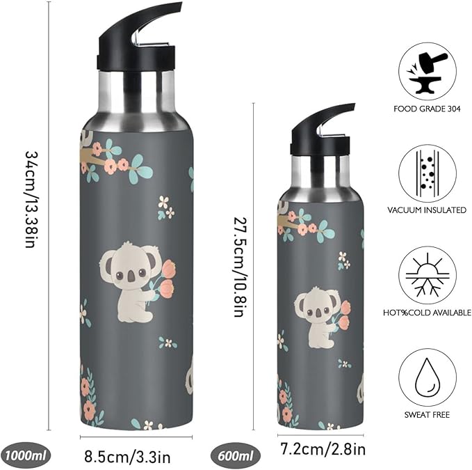 senya 34 Oz Water Bottle with Straw Koala and Flowers Stainless Steel Water Bottle for Traveling Sports Leakproof Insulated Water Bottle