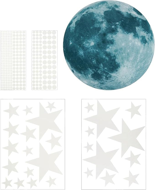 uxcell 1 Set Glow in The Dark Ceiling Star Stickers, Moon and Stars Wall Decals, Glowing Star Decal Decoration for Bedroom, 300mm Blue Moon