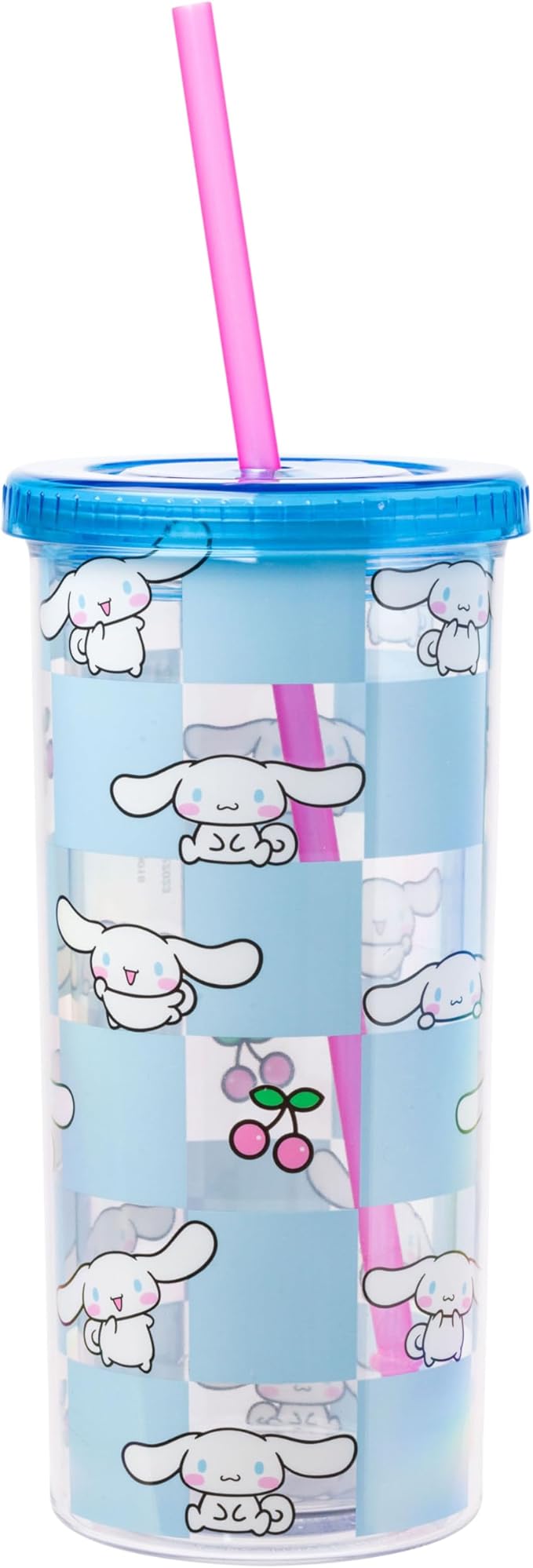 Silver Buffalo Sanrio Hello Kitty and Friends Cinnamoroll Cherry Blue Checkered Plastic Cold Cup with Lid and Straw, 20 Ounces