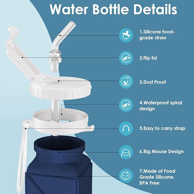 Collapsible Water Bottles 20.7oz Leakproof with Straw Lid Food-Grade BPA-Free Silicone Travel Foldable Water Bottles for Sports Office Gym Hiking Driving 610ML (Type2 Navy Blue+Green)