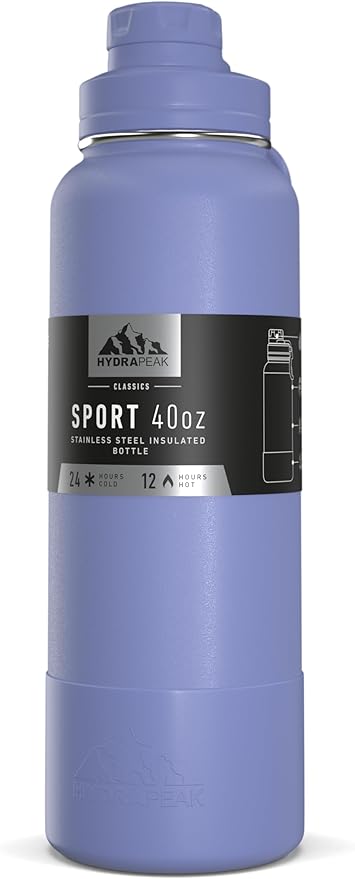 Hydrapeak 40oz Sport Insulated Water Bottle with Straw or Chug Lid, Leak & Spill Proof, Keeps Drinks Cold for 24 Hours, Hot for 12 Hours, Premium Stainless Steel Water Bottles (40oz, Iris)