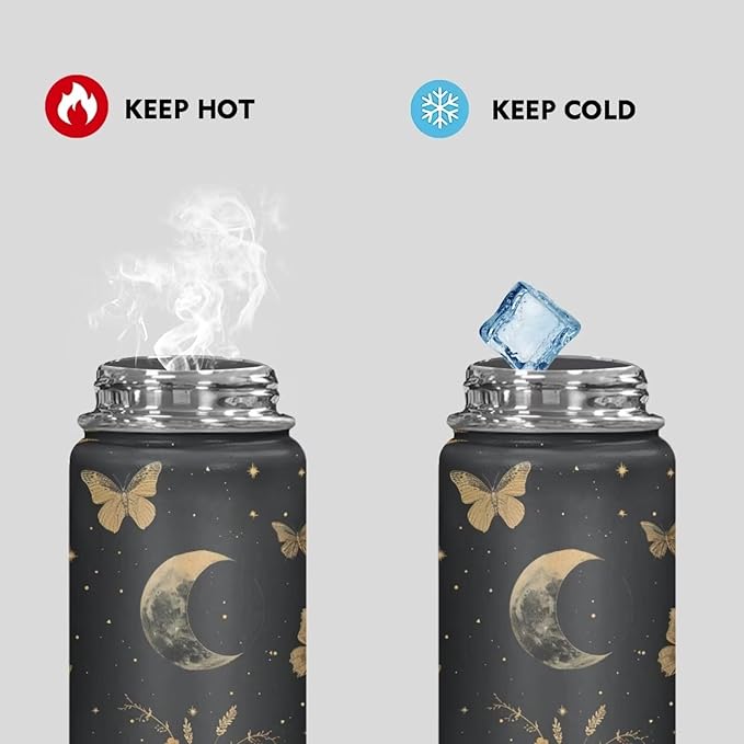 Moon Butterfly Insulated Water Bottle 20 Oz Stainless Steel Leak Proof Vacuum Easy to Clean Lightweight Keeps Cold and Hot Great for Travel Hiking Biking Running