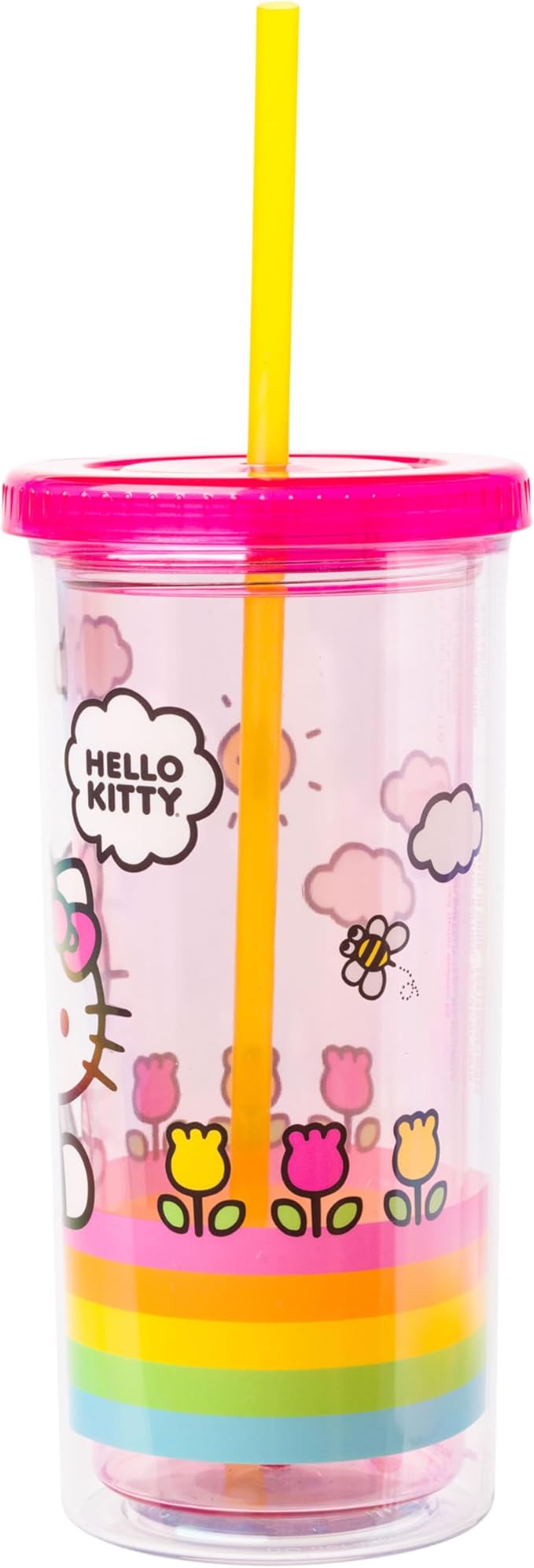 Silver Buffalo Sanrio Hello Kitty Spring and Summer Flowers Rainbow Stripes Plastic Cold Cup with Lid and Straw, 20 Ounces