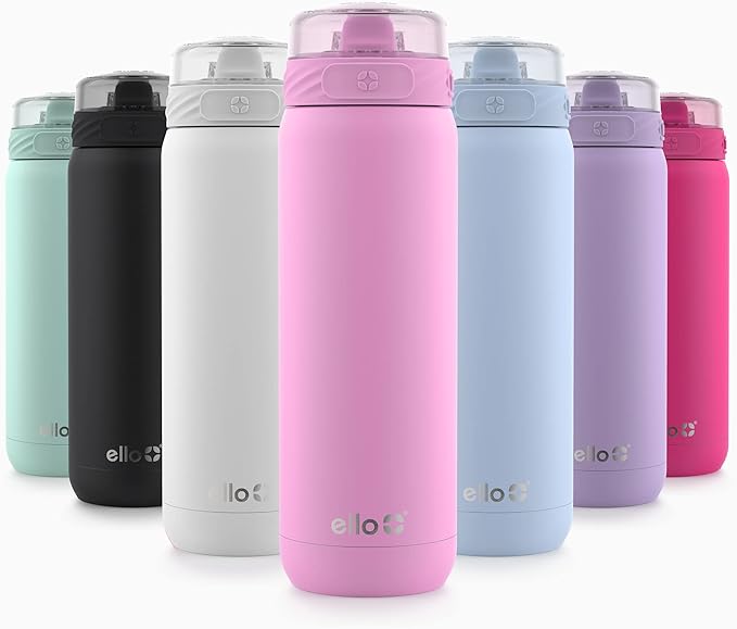Ello Cooper 22oz Stainless Steel Water Bottle with Straw and Carry Handle, Double Walled and Vacuum Insulated Metal, Leak Proof Locking Lid with Soft Silicone Spout, Reusable, BPA Free, Bubblegum