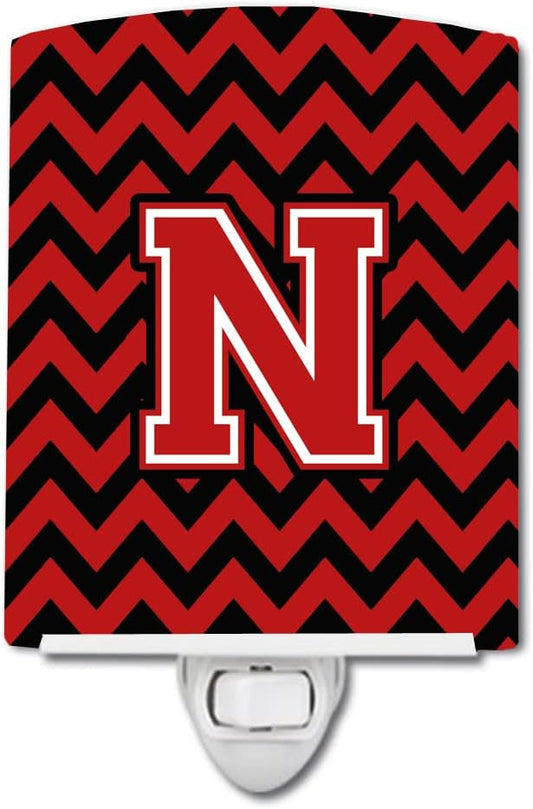 Caroline's Treasures CJ1047-NCNL Letter N Chevron Black and Red Ceramic Night Light Compact, UL-Certified, Ideal for Bedroom, Bathroom, Nursery, Hallway, Kitchen, 6x4x3, Multicolor