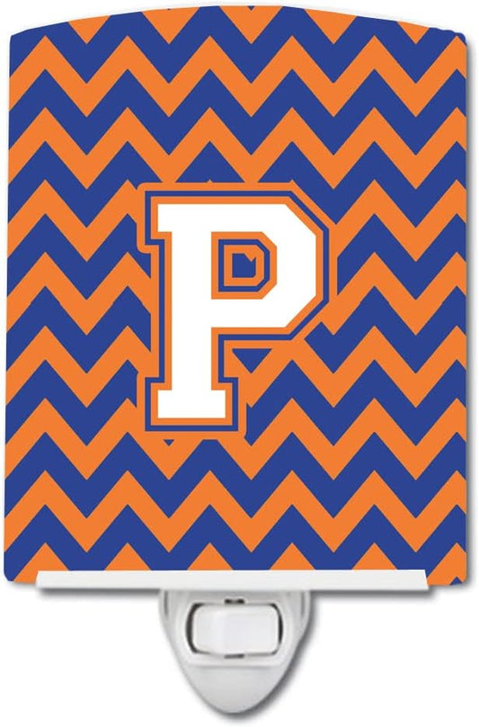 Caroline's Treasures CJ1060-PCNL Letter P Chevron Blue and Orange #3 Ceramic Night Light Compact, UL-Certified, Ideal for Bedroom, Bathroom, Nursery, Hallway, Kitchen, 6x4x3, Multicolor