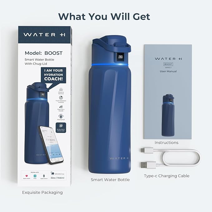 BOOST Smart Water Bottle with Reminder to Drink Water & Water Tracker Bottle - Double Wall Vacuum Insulated Water Bottle Stainless Steel, Wide Mouth 32 oz Water Bottles, Ideal for Gift - Blue