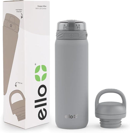 Ello Cooper 22oz Stainless Steel Water Bottle with 2 Lids Chug and Straw | Leak Proof Double Walled and Vacuum Insulated | Fits Car Cupholder | Built in Carry Loop | Dishwasher Safe | Gray