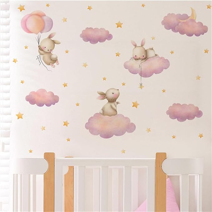 Rabbit Cloud Star Wall Stickers for Bedroom Girls Room Bunny Moon and Stars Nursery Decor Wall Decal
