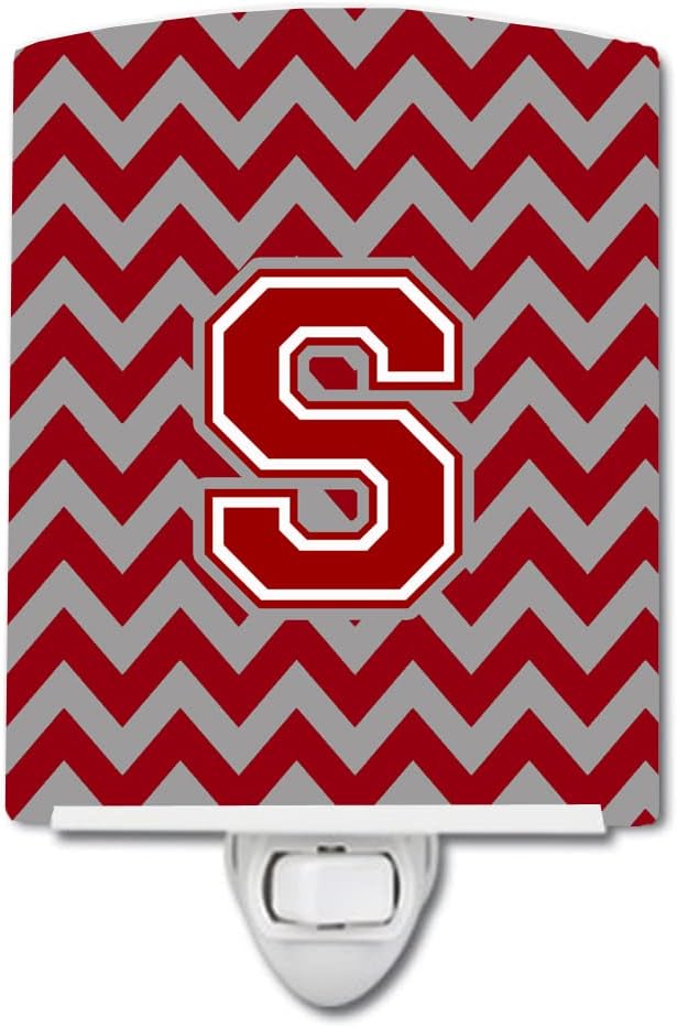 Caroline's Treasures CJ1049-SCNL Letter S Chevron Maroon and White Ceramic Night Light Compact, UL-Certified, Ideal for Bedroom, Bathroom, Nursery, Hallway, Kitchen, 6x4x3, Multicolor