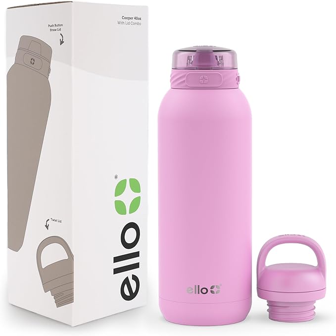 Ello Cooper 40oz Stainless Steel Water Bottle with 2 Lids Chug and Straw | Leak Proof | Double Walled and Vacuum Insulated | Built in Carry Loop | Dishwasher Safe | Bubblegum Pink