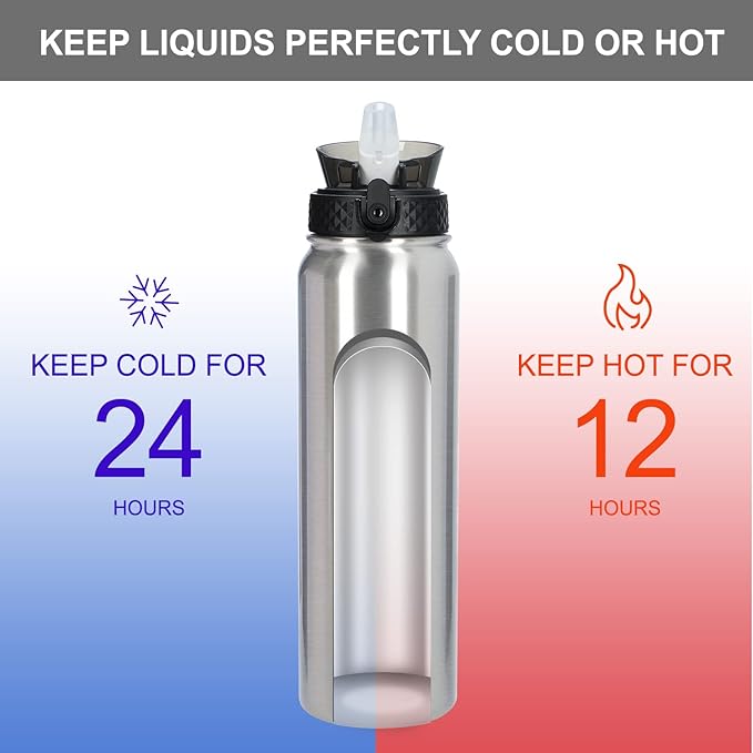 GOPPUS 32 oz Sports Water Bottle 1 Liter Double Wall Insulated Stainless Steel Water Bottles with Straw Lid Reusable Leak proof Metal water bottles with Strap Handle(Steel 1 lid)