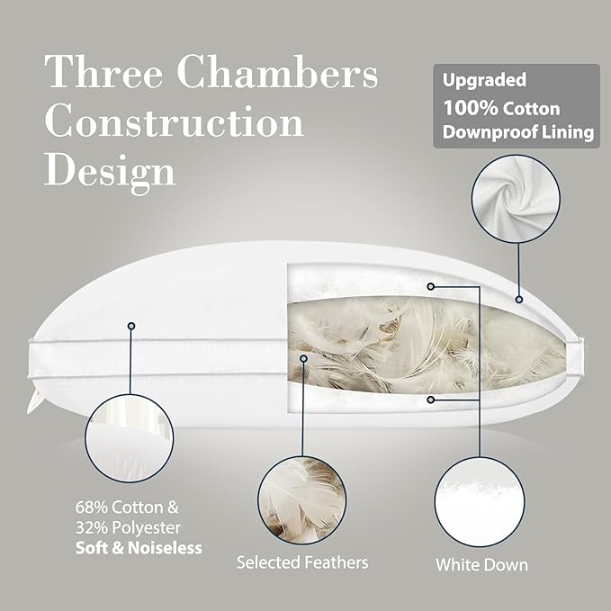 Globon Luxury Feather Down Pillow King Size,Firm Gusseted Bed Pillows for Sleeping, Hotel Collection Fluffy Pillow, 18"X34", Pack of 1