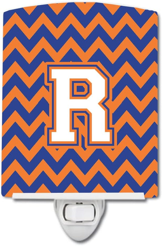 Caroline's Treasures CJ1060-RCNL Letter R Chevron Blue and Orange #3 Ceramic Night Light Compact, UL-Certified, Ideal for Bedroom, Bathroom, Nursery, Hallway, Kitchen, 6x4x3, Multicolor