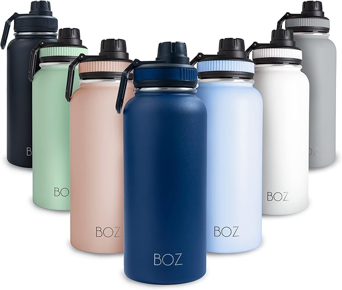 BOZ Stainless Steel Water Bottle - Vaccum Insulated Water Bottle 32 Oz - Wide Mouth BPA Free Sport Water Bottle for Gym with Spout Lid - Thermal Hot & Cold 1 Litre Blue Waterbottle