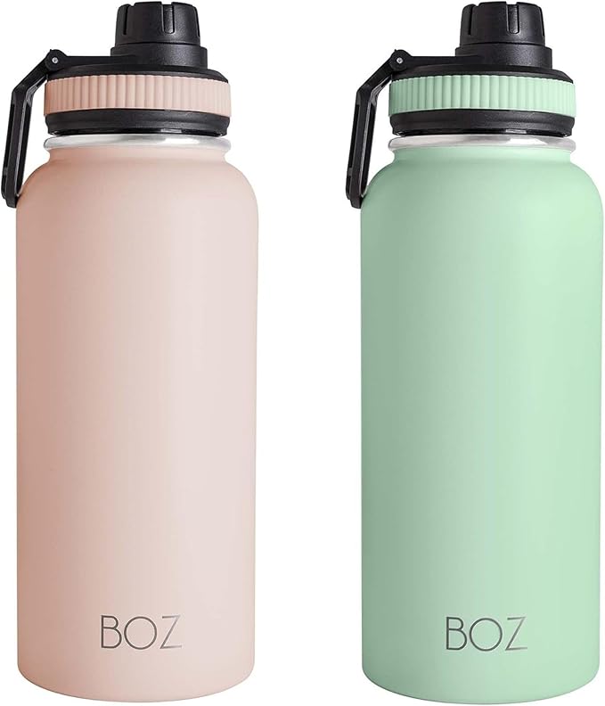 BOZ Stainless Steel Water Bottles 2 Pack Bundle - Pink Water Bottle + Green Water Bottle - Vaccum Insulated Water Bottles 32 Oz - Wide Mouth BPA Free Sport Water Bottles for Gym with Spout Lid