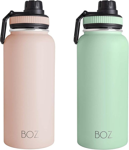 BOZ Stainless Steel Water Bottles 2 Pack Bundle - Pink Water Bottle + Green Water Bottle - Vaccum Insulated Water Bottles 32 Oz - Wide Mouth BPA Free Sport Water Bottles for Gym with Spout Lid