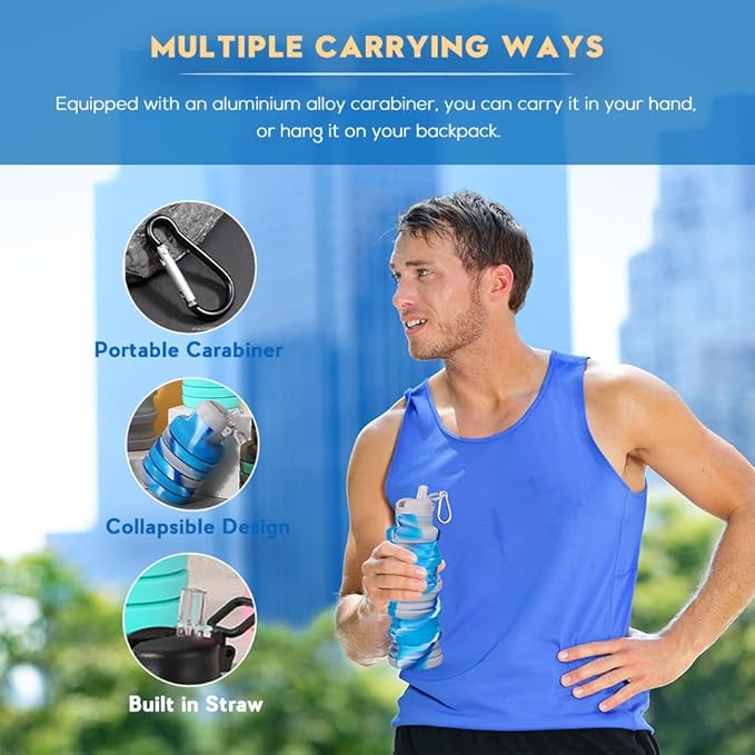 Collapsible water bottles 2 Pack with brush,BPA Free Travel Silicone Water Bottle with Carabiner,Reusable Foldable Portable Lightweight Sports bottles for Gym Camping Hiking (Black+Aqua blue)