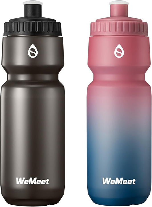 Mountain Bike Water Bottle 2-Pack, Sport Squeeze Bottle with Capacity Scale, Leak Proof Cycling Bottle, BPA Free, for Cycling, Gym (Black & Red Blue, 24oz)