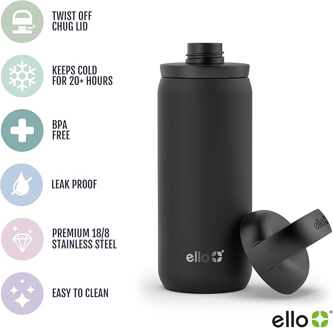 Ello Cooper Twist 18oz Kids Stainless Steel Water Bottle with Chug Lid | Leak Proof Double Walled and Vacuum Insulated | Fits Car Cupholder | Built in Carry Loop | Dishwasher Safe | White Marble
