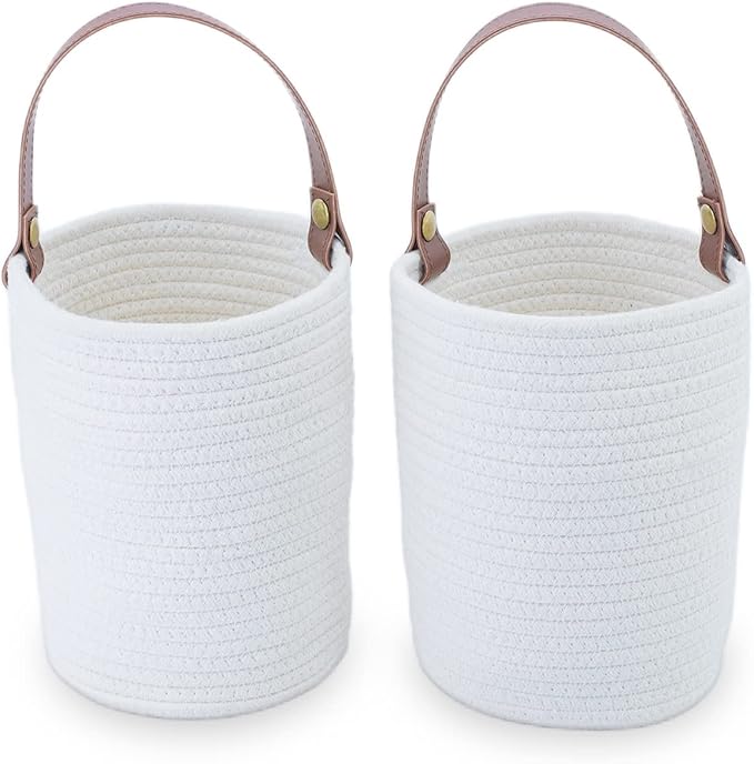 Hanging Basket(2Piece) Wall Woven Cotton Rope Storage Basket with Leather Decorative Baskets Organizer for Kitchen Office Bedroom,Plants,Towels, Toys