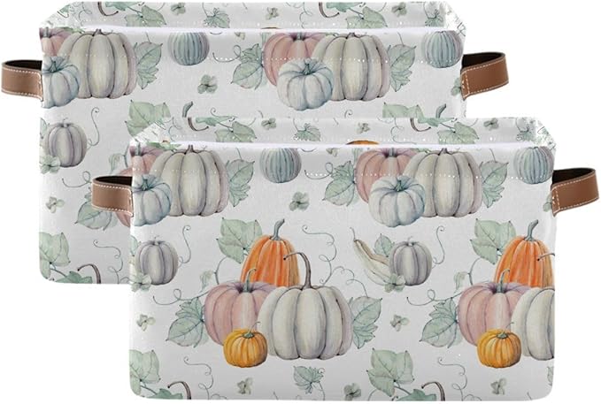 Fall Pumpkin Storage Basket Fabric Kitchen Baskets Autumn Maple Leaves Open Home Storage Bins Boxes Foldable Organizer Bag for Baby Cloth Pet Toy Book Shelf Closet Baskets 16×12×8 Inches