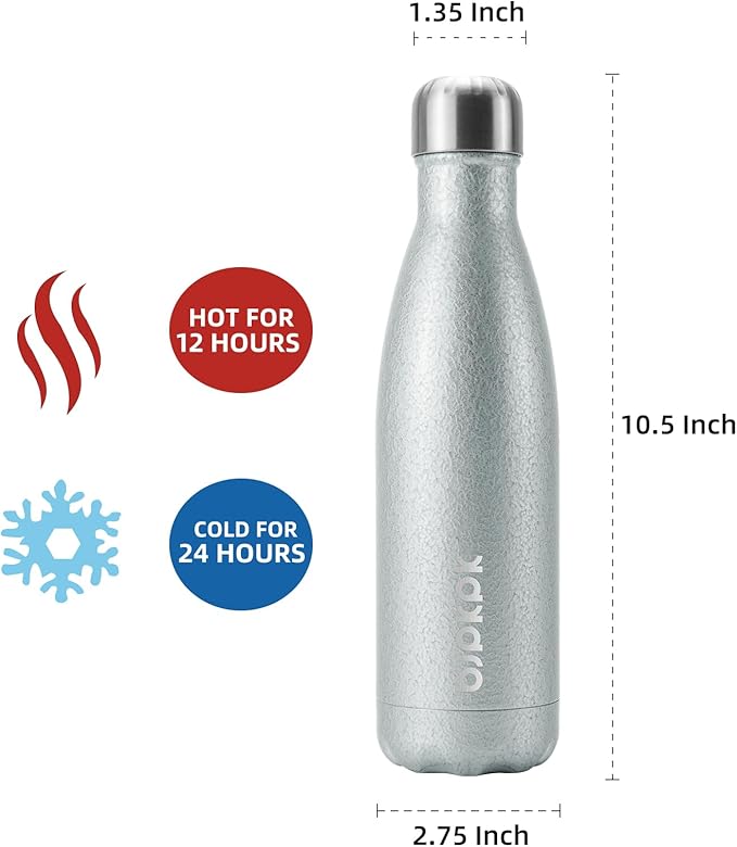 BJPKPK Insulated Water Bottles 17oz, Leak Proof Stainless Steel Water Bottle Keeps Cold for 24H and Hot for 12H, BPA Free Water Bottle,Silver