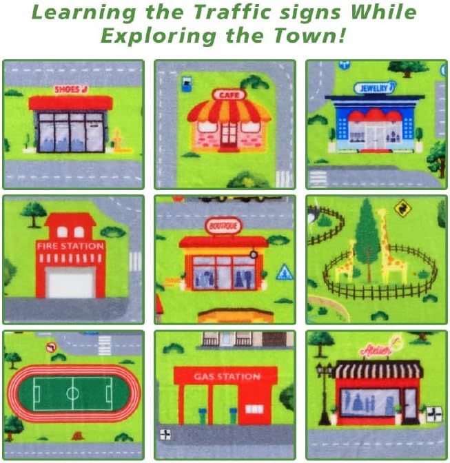 Kids Playmat Car Rug Educational Car Rugs Extra Large City Life Play Mat for Bedroom Play Room Game Area Non Slip Kids Foam Rug Playtime Activity Mat for Toddler Baby Boys and Girls 8 x 10