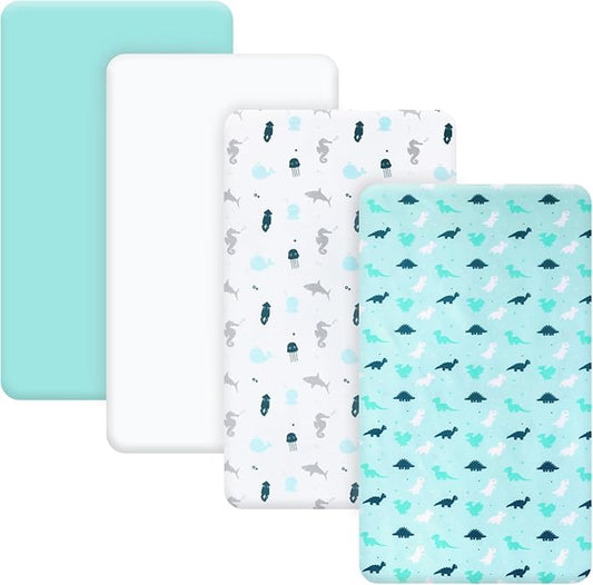 Bassinet Fitted Sheets 4 Pack Compatible with 20" x 33" Baby Delight, Mika Micky and Dream On Me Traveler/Skylar/Seashell/Lotus Bassinet, Ultra Soft and Skin-Friendly, Aqua Dinosaurs & White Ocean