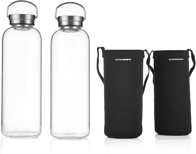 DE.KITCHEN&HIFUN Glasss Water Bottle 64oz, Large Borosilicate Glass 2L for Juice, Glass Water bottle with Steel Cap Filter (1)