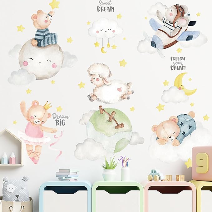 Animal Wall Sticker Clouds Bear Sheep Moon Wall Decals Children DIY Art Decal for Living Room TV Sofa Background Bedroom Kids Room Nursery
