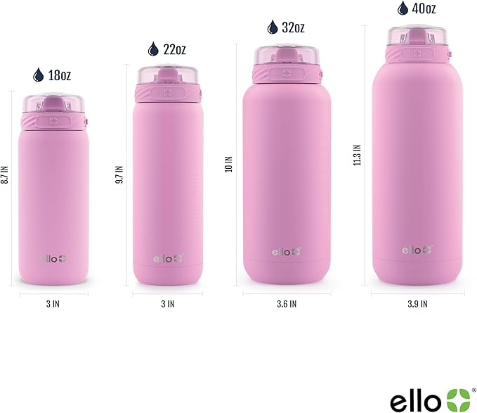 Ello Cooper 32oz Stainless Steel Water Bottle with Straw and Carry Handle, Double Walled and Vacuum Insulated Metal, Leak Proof Locking Lid with Soft Silicone Spout, Reusable, BPA Free, Bubblegum