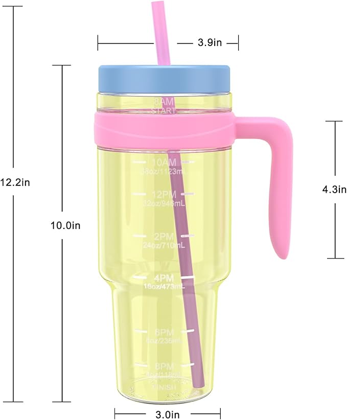 Tronco 50 oz Tritan Plastic Tumbler with Lid and Straw, BPA-Free Reusable Clear Water Bottle with Time Marker, 100% Leak Proof & Wide Mouth for Iced Coffee, Juice, Bubble Tea, Smoothies