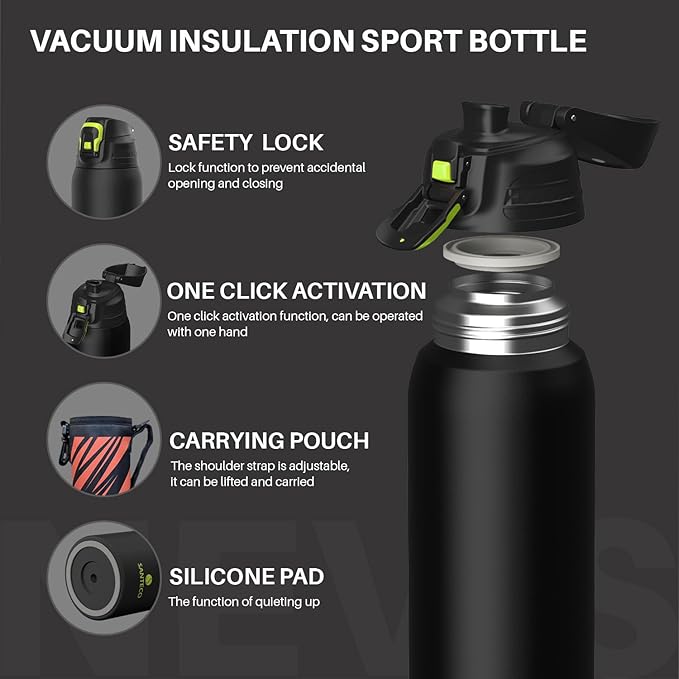 Insulated Sports Water Bottle, Stainless Steel Water Bottles with Locking Flip Top Lid, Insulated Bottle with Double-Wall Vacuum Insulation for Fitness and Outdoor Enthusiasts