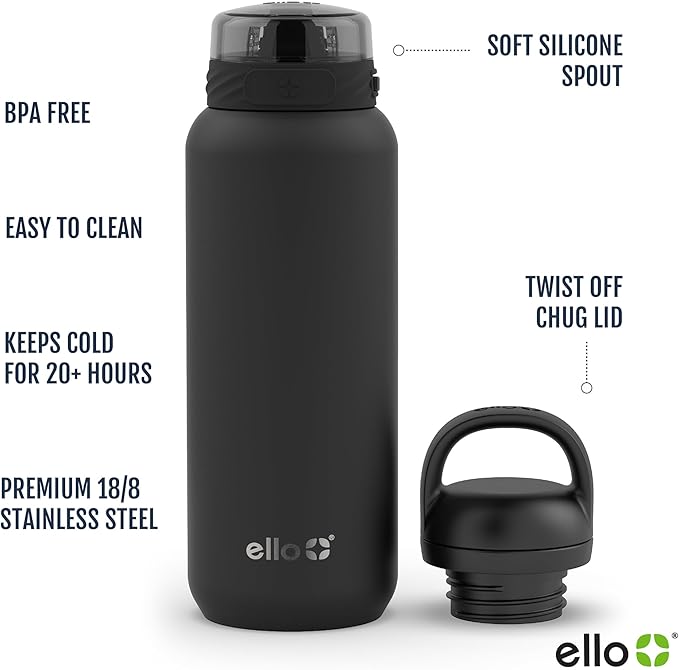 Ello Cooper 32oz Stainless Steel Water Bottle with 2 Lids Chug and Straw | Leak Proof | Double Walled and Vacuum Insulated | Built in Carry Loop | Dishwasher Safe | Sage