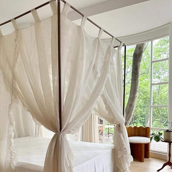 Elegant Modern Linen Princess 4 Corner Post Mosquito Net Romantic for Girls Women Bed Curtain Canopy for Adult Wedding Bedroom Kids Rooms Decoration (White-Beige, Full)