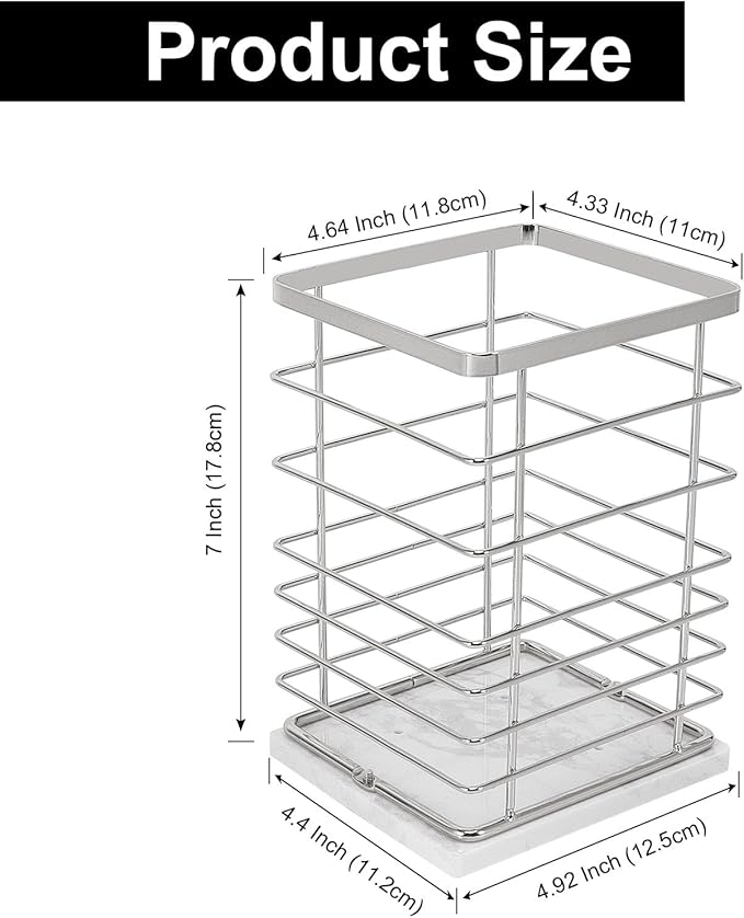 Square Kitchen Utensil Holder, Sturdy Metal Rack for Countertop Storage, Cooking Tools Organizer with Drainage Hole, Stylish Utensil Caddy for Effortless Kitchen Organization, with Marble Base