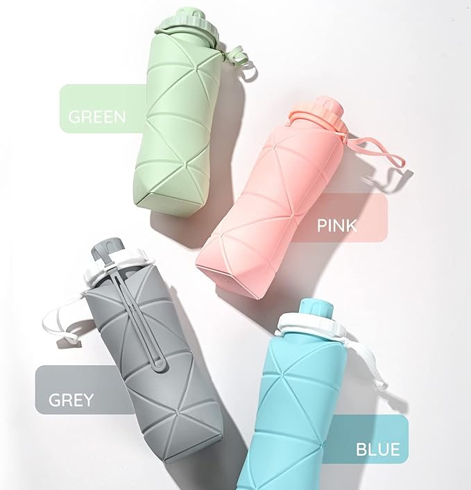Collapsible Water Bottle, Silicone Foldable Water Bottles For Travel, Easy-To-Carry Design And Compact Size, BPA Free, 20 oz (2PC, Green & Green)