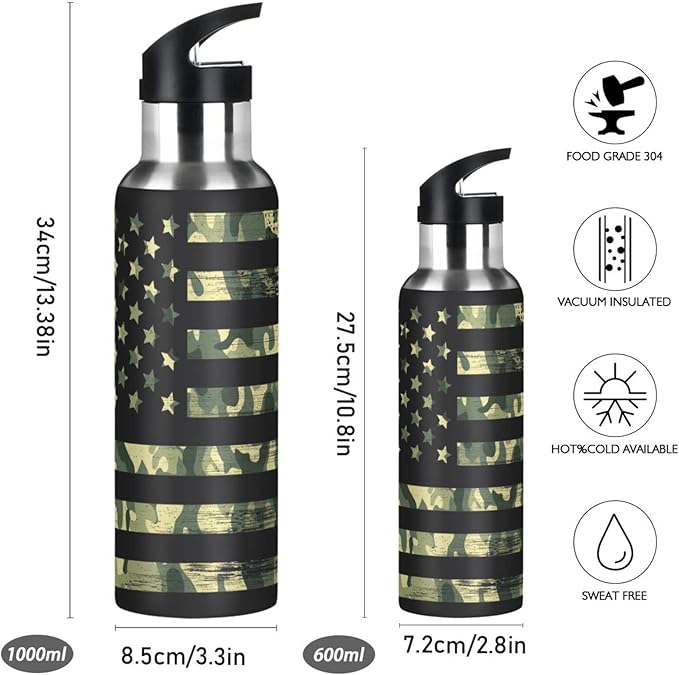 senya 34 Oz Water Bottle with Straw Usa Flag Camouflage Vintage Stainless Steel Water Bottle for Traveling Sports Leakproof Insulated Water Bottle