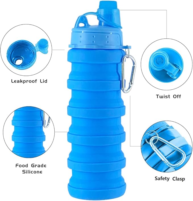 Collapsible Water Bottles 2 pack Travel Water Bottle Portable Hiking Water Bottle with Leak proof 500ML Reusable BPA Free Silicone Water Bottles. (Blue+Purple)