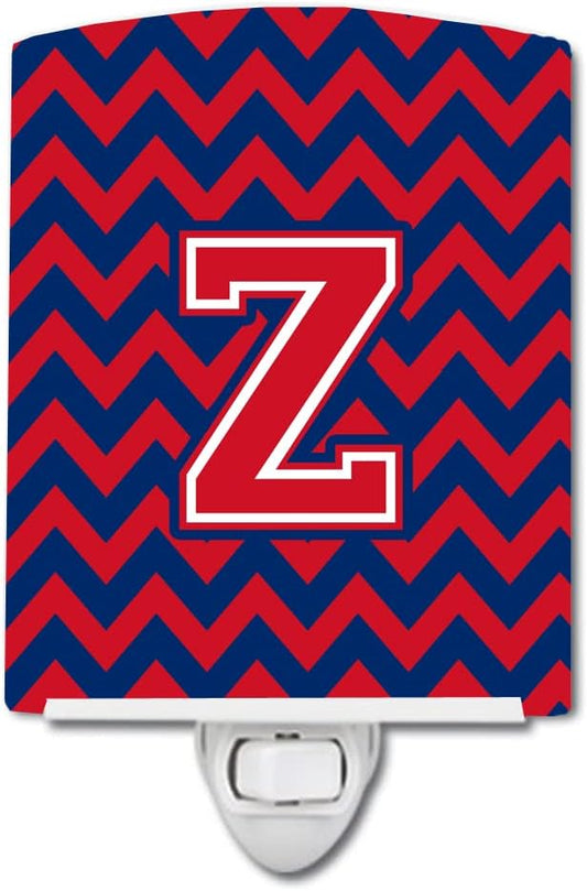 Caroline's Treasures CJ1054-ZCNL Letter Z Chevron Yale Blue and Crimson Ceramic Night Light Compact, UL-Certified, Ideal for Bedroom, Bathroom, Nursery, Hallway, Kitchen, 6x4x3, Multicolor